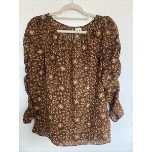 Max Studio Womens Brown Ruched Long‎ Sleeve pleated Collar Blouse Size Small